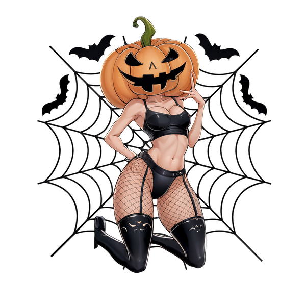 Una divertida ilustración con temática de Halloween que presenta a una mujer en lencería con cabeza de calabaza y medias de rejilla, sobre un fondo espeluznante.