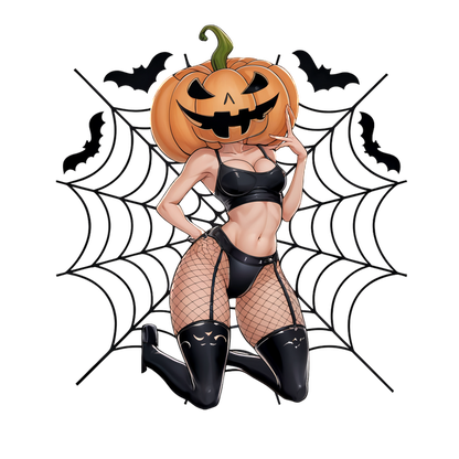 Una divertida ilustración con temática de Halloween que presenta a una mujer en lencería con cabeza de calabaza y medias de rejilla, sobre un fondo espeluznante.