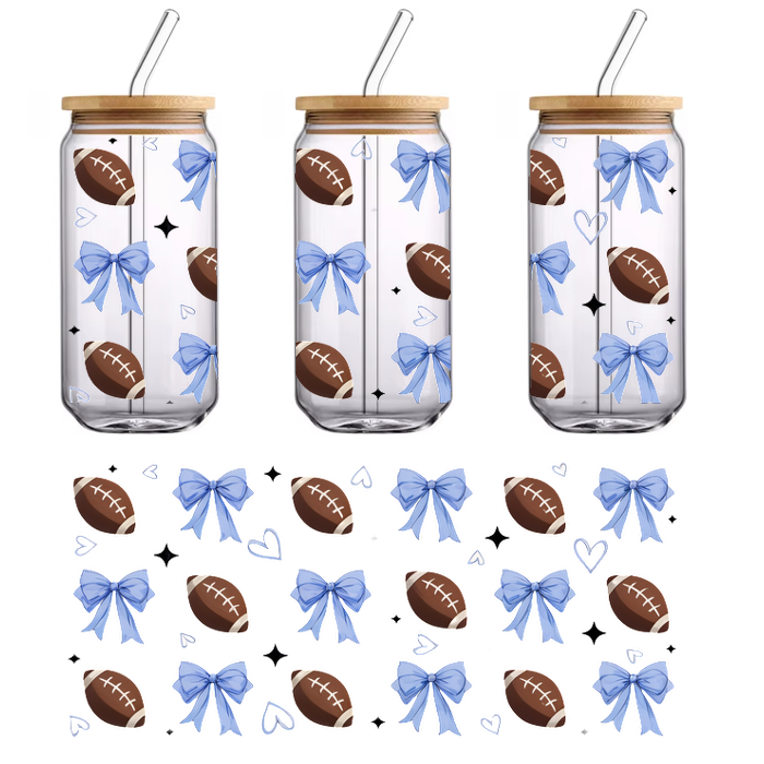 A playful pattern featuring brown footballs and light blue bows, accented with hearts and sparkles against a black background.UV Transfers dtf transfers