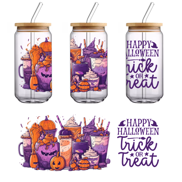 Celebrate Halloween with this colorful assortment of spooky drinks topped with sweet treats and playful pumpkins!UV Transfers dtf transfers