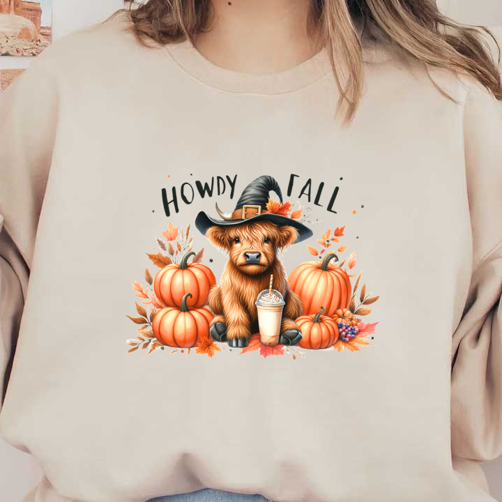 A cheerful dog wearing a witch hat surrounded by pumpkins and autumn leaves, with a festive "Howdy Fall" greeting.dtf regular iron