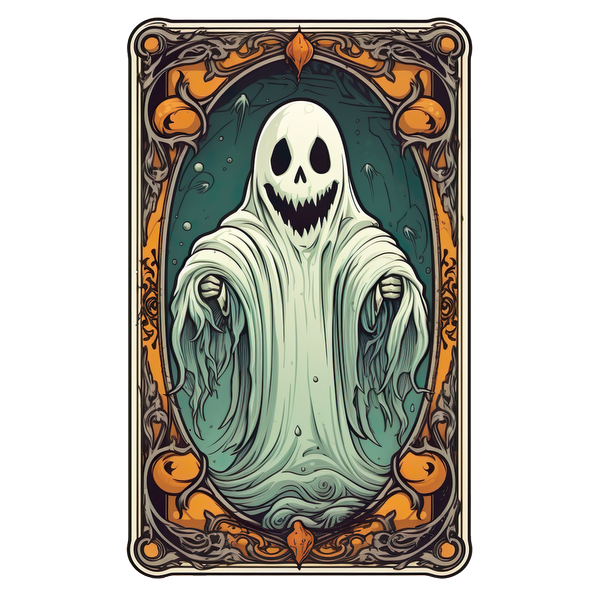 A playful ghost character with a skull face and flowing, translucent robes, framed in an ornate, colorful border.dtf regular iron