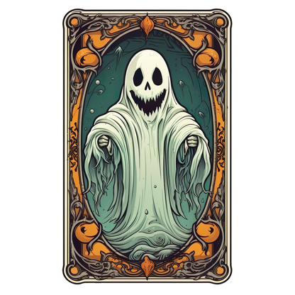 A playful ghost character with a skull face and flowing, translucent robes, framed in an ornate, colorful border.dtf regular iron