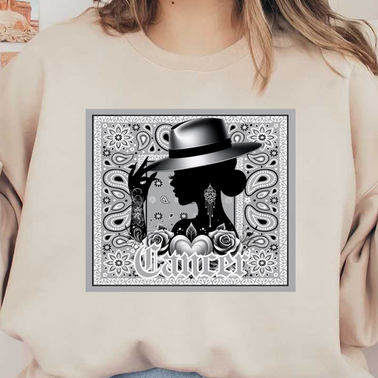 Una elegante ilustración en blanco y negro que presenta la silueta de una mujer con sombrero, rodeada de diseños florales y la palabra "Cáncer".