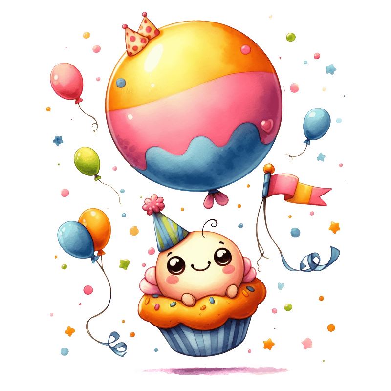A cheerful cupcake character wearing a party hat is floating with colorful balloons, creating a festive and whimsical atmosphere.DTF Transfers