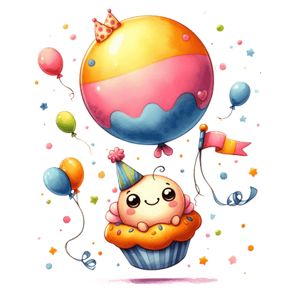A cheerful cupcake character wearing a party hat is floating with colorful balloons, creating a festive and whimsical atmosphere.DTF Transfers