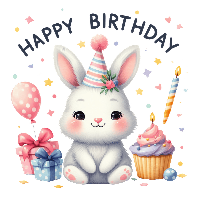 Celebrate with this adorable birthday bunny, complete with a party hat, gifts, a cupcake, and festive decorations!DTF Transfers