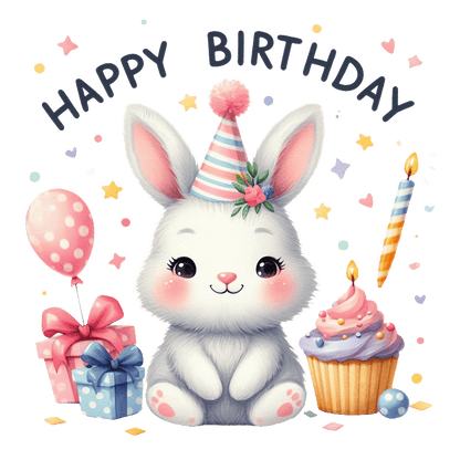 Celebrate with this adorable birthday bunny, complete with a party hat, gifts, a cupcake, and festive decorations!DTF Transfers