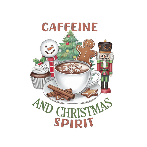 A festive illustration featuring a cozy cup of coffee, holiday treats, and cheerful decorations highlighting the Christmas spirit. dtf transfers