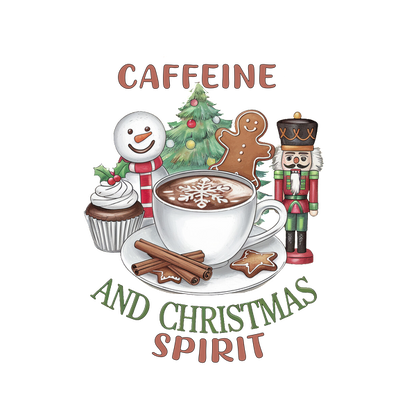 A festive illustration featuring a cozy cup of coffee, holiday treats, and cheerful decorations highlighting the Christmas spirit. dtf transfers