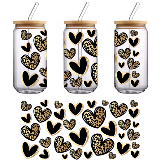 Black and maroon leopard hearts on black background.UV Transfers