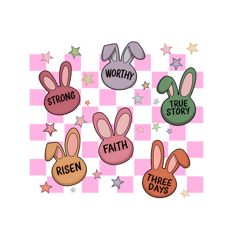 A colorful and playful design featuring bunny illustrations with positive words like "Strong," "Worthy," and "Faith" against a checkered background.DTF Transfers