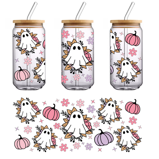 A playful pattern featuring cute ghosts surrounded by colorful flowers and pastel pumpkins, perfect for a whimsical Halloween theme.UV Transfersdtf regular iron