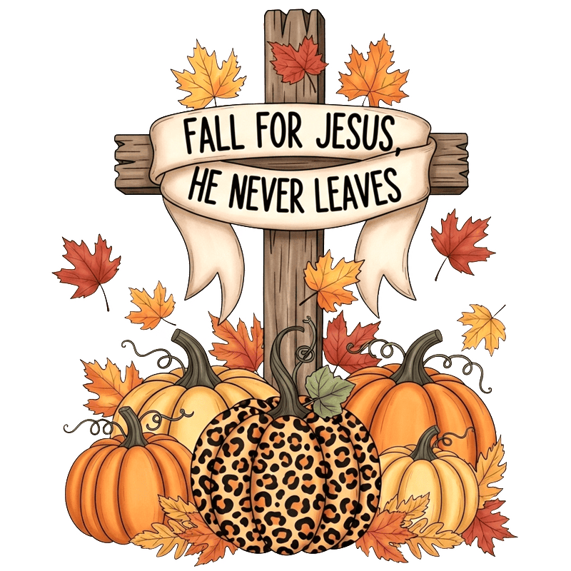 A festive autumn design featuring pumpkins and a cross with a heartfelt message.DTF Transfers