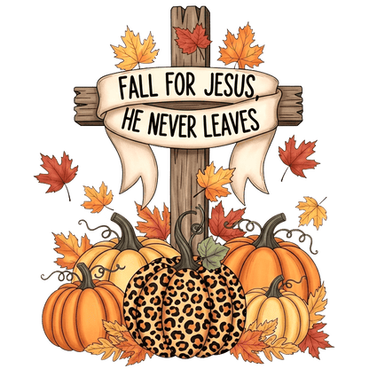 A festive autumn design featuring pumpkins and a cross with a heartfelt message.DTF Transfers