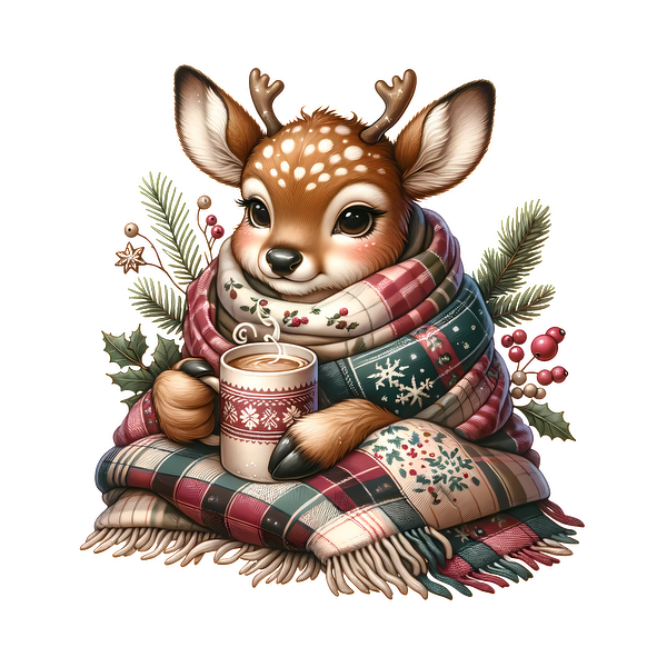 A cute deer wrapped in a colorful plaid blanket, holding a warm drink, surrounded by festive foliage and berries. dtf prints