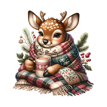 A cute deer wrapped in a colorful plaid blanket, holding a warm drink, surrounded by festive foliage and berries. dtf prints