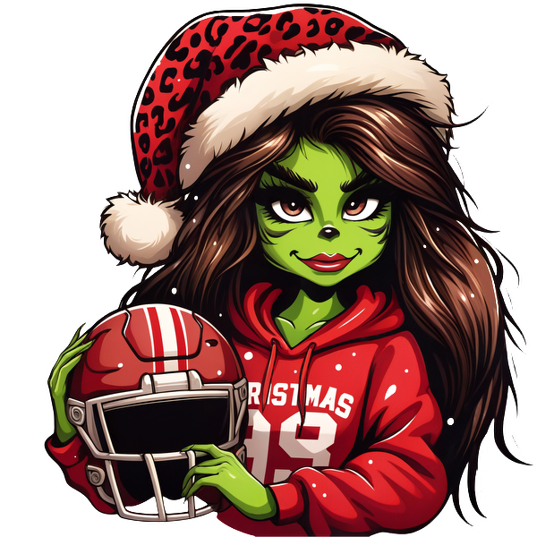 A festive green character in a Santa hat and red "Christmas 82" hoodie holds a football helmet, combining holiday cheer with sporty flair.DTF Transfers heat press transfers