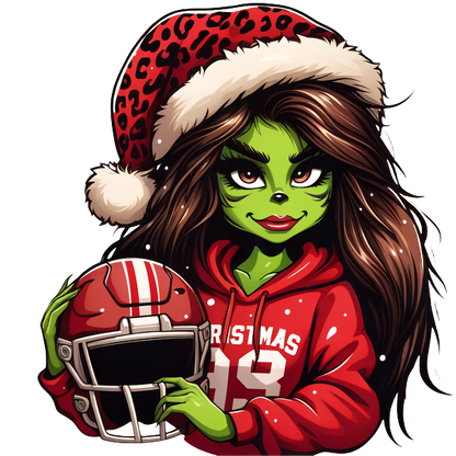 A festive green character in a Santa hat and red "Christmas 82" hoodie holds a football helmet, combining holiday cheer with sporty flair.DTF Transfers heat press transfers