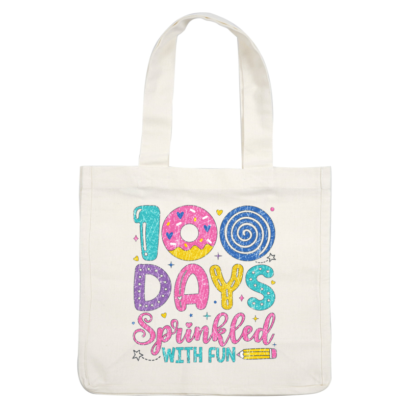 Celebrate 100 days of joy with this colorful, fun-themed design featuring playful fonts and sprinkles of creativity!DTF Transfers