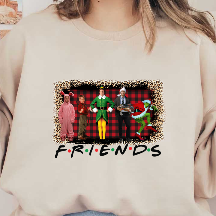 A fun festive scene featuring characters in iconic holiday outfits, including an elf, a pink bunny suit, and the Grinch.DTF Transfersdtf regular irondtf regular iron