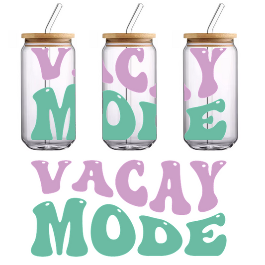 A vibrant and playful "Vacay Mode" text design featuring colorful, whimsical letters perfect for summer vibes and vacation themes.UV Transfersdtf regular iron