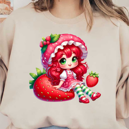 A cute character with vibrant red hair, wearing a pink dress and a strawberry-themed hat, sits on a giant strawberry.DTF Transfers