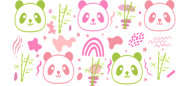 A playful and colorful pattern featuring cute panda faces, bamboo, and whimsical designs in soft pink and green tones.UV Transfers dtf prints