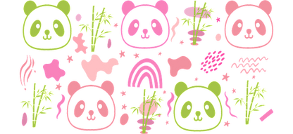 A playful and colorful pattern featuring cute panda faces, bamboo, and whimsical designs in soft pink and green tones.UV Transfers dtf prints