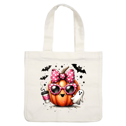 ¡Esta divertida calabaza tiene un lazo de lunares rosados, elegantes lentes de sol y un divertido fantasma como compañero, perfecto para divertirse en Halloween!