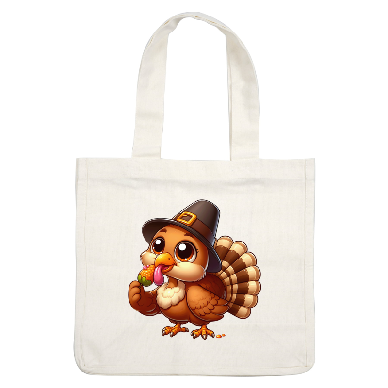 A cute cartoon turkey wearing a pilgrim hat, holding a small dessert, with big expressive eyes and a colorful feathered tail. dtf transfers