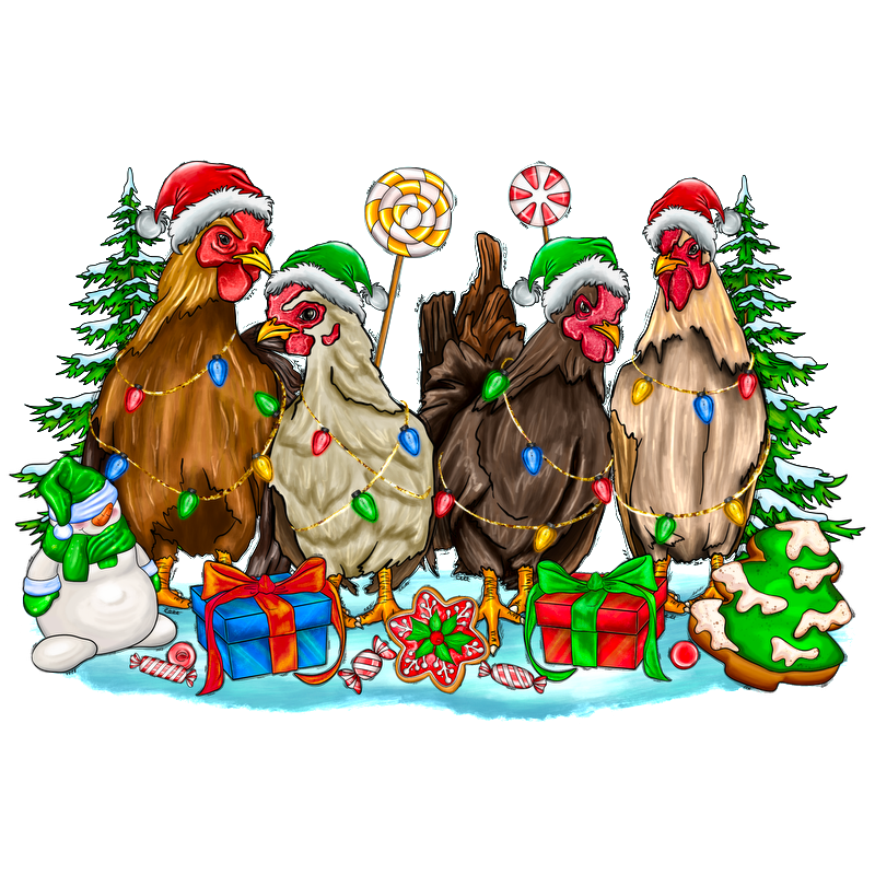 A whimsical festive scene featuring four chickens in Santa hats, adorned with Christmas lights, surrounded by gifts, a snowman, and holiday treats.DTF Transfers