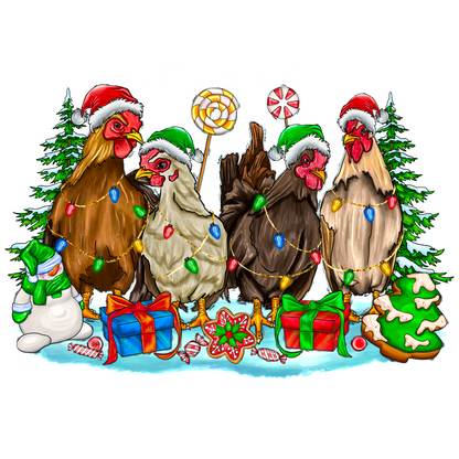 A whimsical festive scene featuring four chickens in Santa hats, adorned with Christmas lights, surrounded by gifts, a snowman, and holiday treats.DTF Transfers