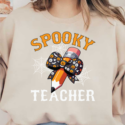 ¡Celebre Halloween con este divertido diseño de "Profesor espeluznante" que presenta un lápiz adornado con un lazo festivo y un motivo de telaraña!