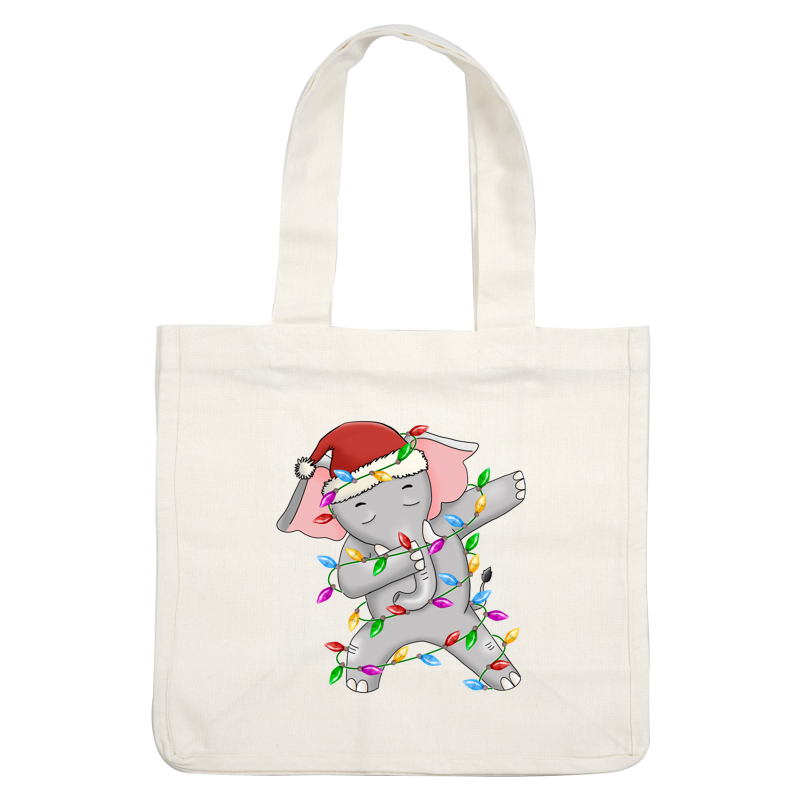 A festive cartoon elephant wearing a Santa hat, playfully wrapped in colorful Christmas lights. heat press transfers