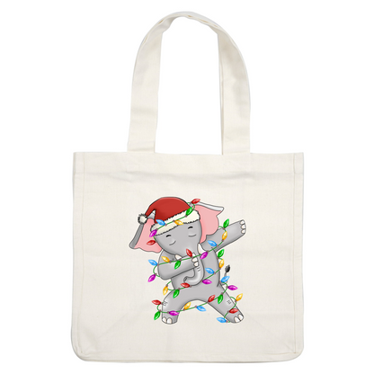 A festive cartoon elephant wearing a Santa hat, playfully wrapped in colorful Christmas lights. heat press transfers