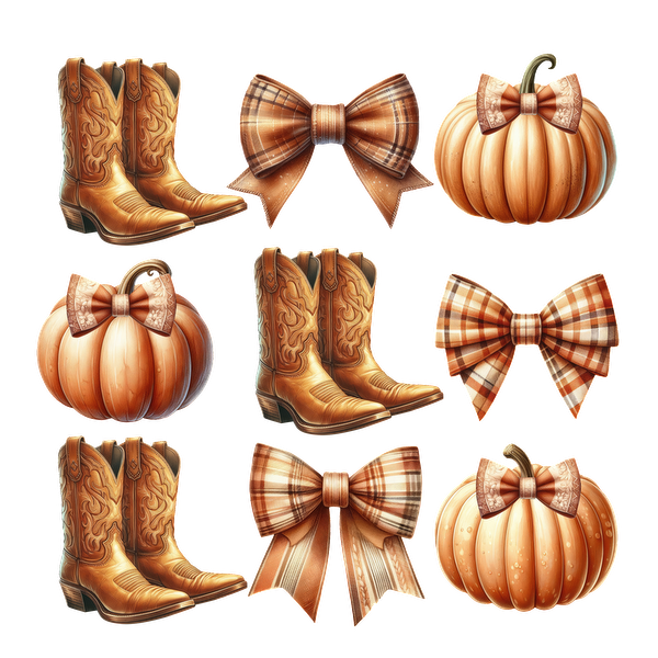 A charming collection of cowboy boots, plaid bows, and pumpkins, perfect for a cozy autumn vibe! dtf transfers