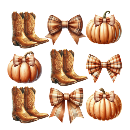 A charming collection of cowboy boots, plaid bows, and pumpkins, perfect for a cozy autumn vibe! dtf transfers