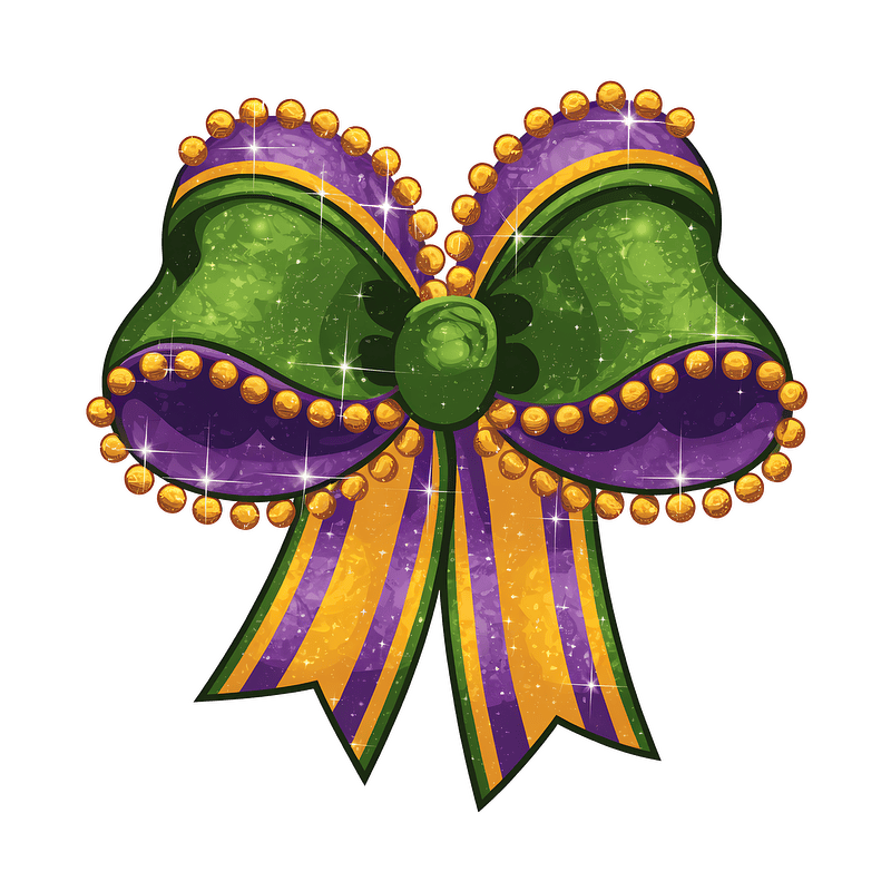 A vibrant green, purple, and gold decorative bow featuring sparkling embellishments, perfect for festive occasions like Mardi Gras.DTF Transfers