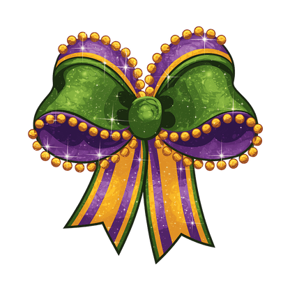 A vibrant green, purple, and gold decorative bow featuring sparkling embellishments, perfect for festive occasions like Mardi Gras.DTF Transfers