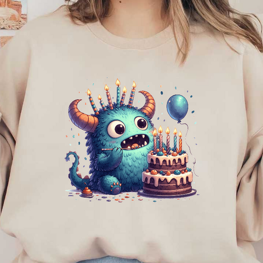 A cute, fluffy blue monster celebrates a birthday with a delicious multi-layered cake topped with colorful candles and decorations.DTF Transfers
