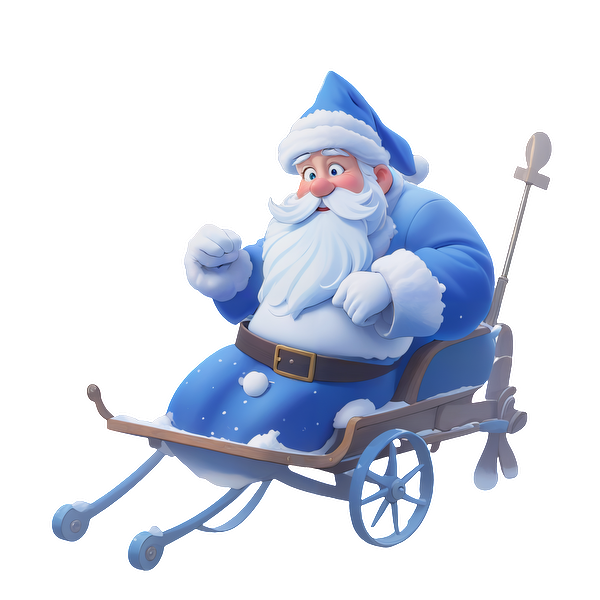 A cheerful, cartoon-style Santa Claus wearing a blue outfit, joyfully riding a vintage sled.DTF Transfers heat press transfers