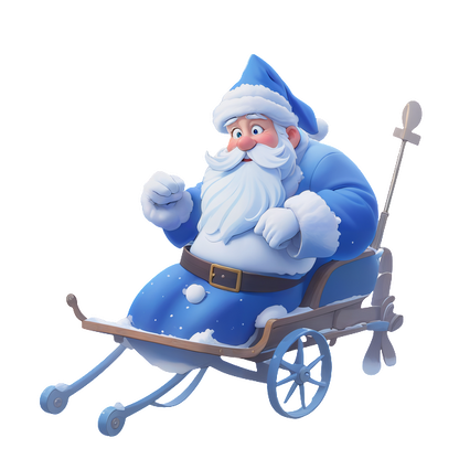 A cheerful, cartoon-style Santa Claus wearing a blue outfit, joyfully riding a vintage sled.DTF Transfers heat press transfers