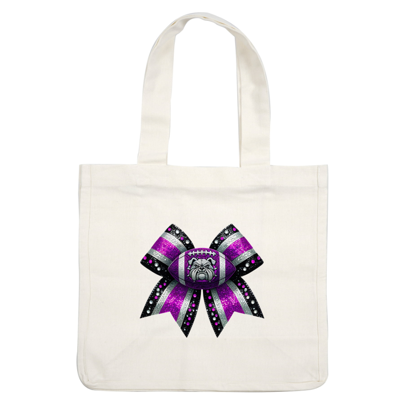 A vibrant, purple bow featuring a football and a bulldog design, adorned with sparkling jewels for a fun sports flair.DTF Transfersdtf regular iron