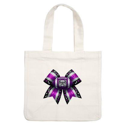 A vibrant, purple bow featuring a football and a bulldog design, adorned with sparkling jewels for a fun sports flair.DTF Transfersdtf regular iron