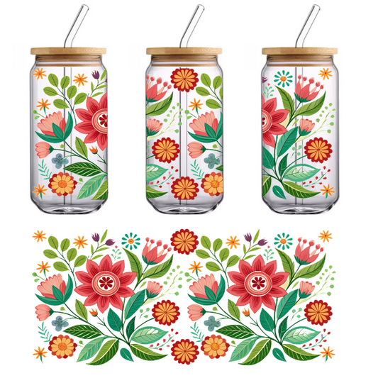 A vibrant floral pattern featuring bold red flowers, assorted colorful blooms, and lush greenery in a symmetrical design.UV Transfers dtf prints