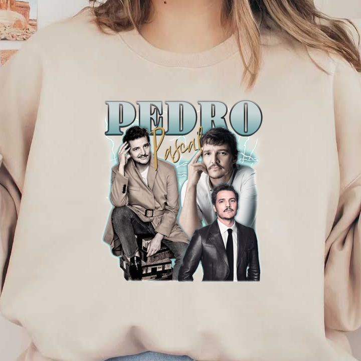 A vibrant collage featuring Pedro Pascal in various stylish outfits, showcasing his charisma and versatility as an actor.DTF Transfers heat press transfers