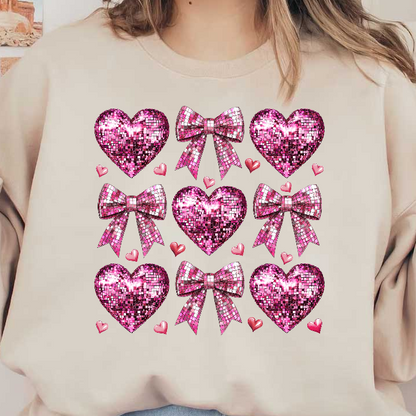 A vibrant collection of pink glittering hearts and bows, perfect for a fun, festive celebration or decoration theme.DTF Transfers