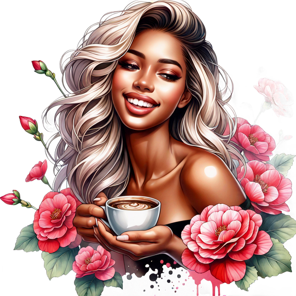 Una mujer alegre, con cabello rubio suelto, sostiene una taza de café, enmarcada por flores de color rosa vibrante.