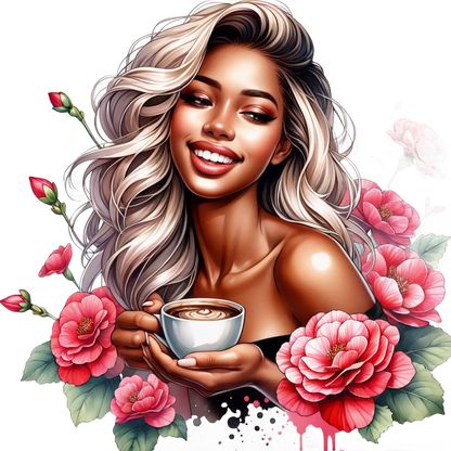 Una mujer alegre, con cabello rubio suelto, sostiene una taza de café, enmarcada por flores de color rosa vibrante.